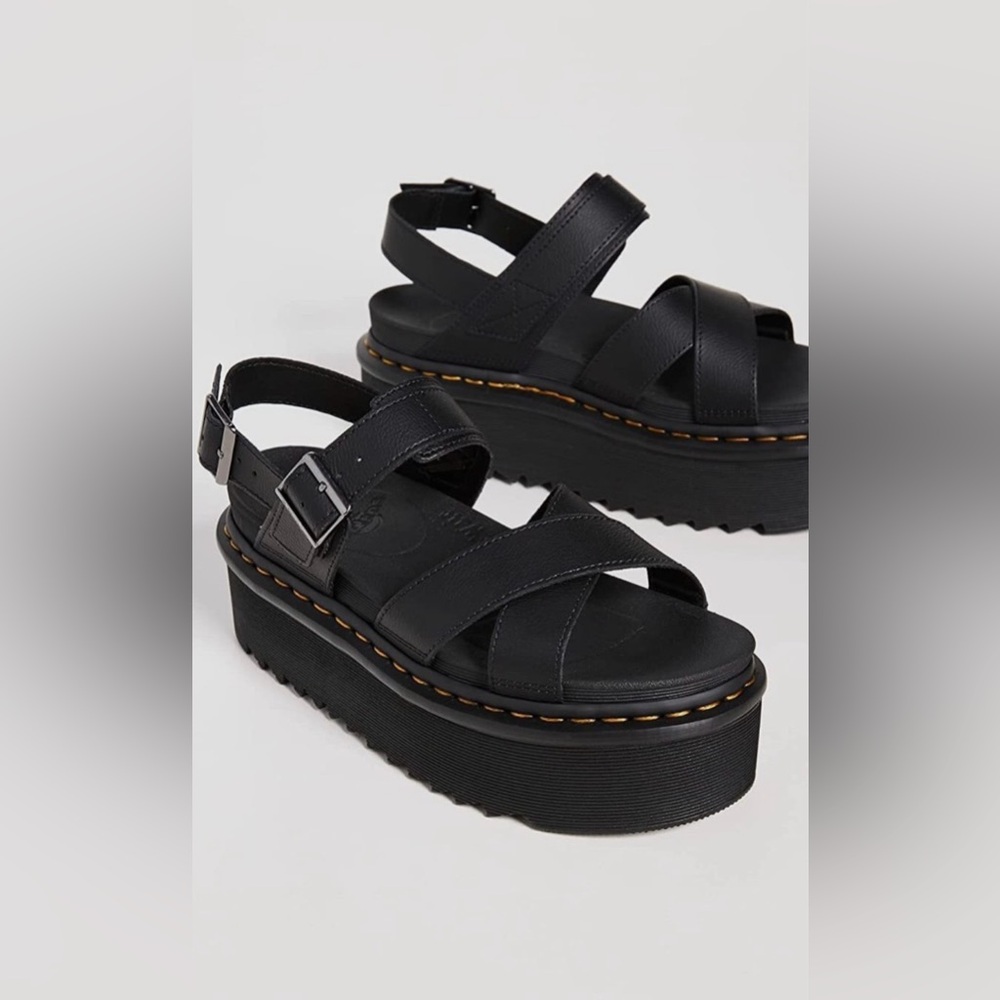 Dr. Martens Black Platform Sandals with Yellow Stitching